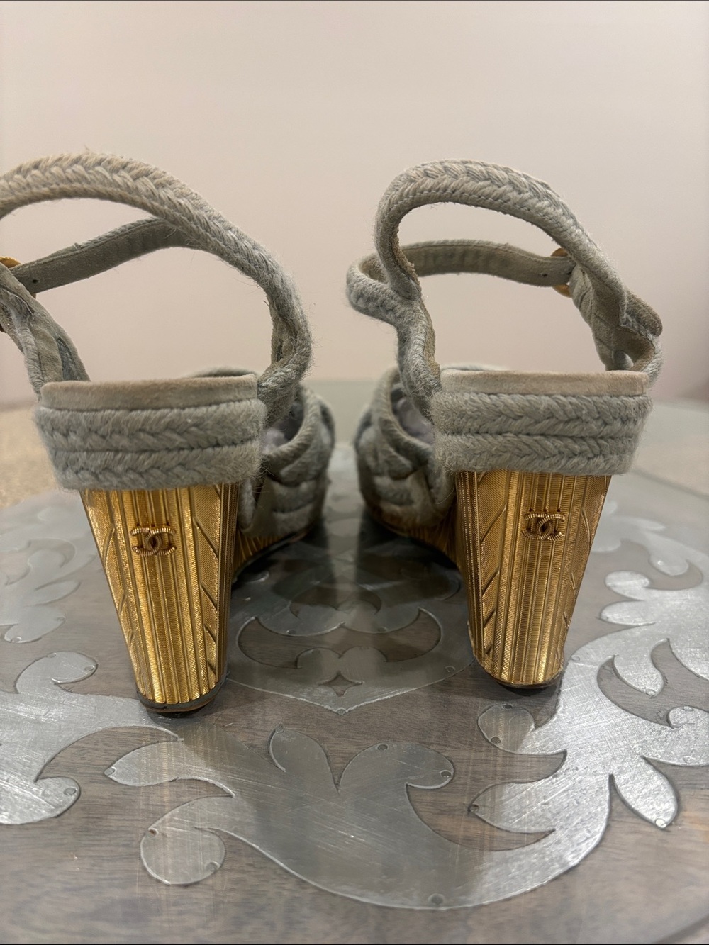 CHANEL Rope Espadrille Wedges with Gold Logo Heels in sage color.